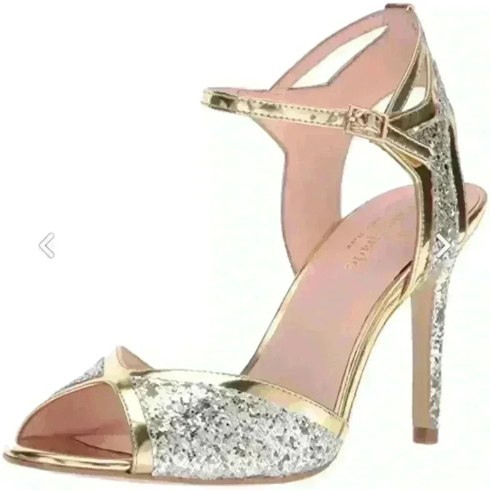 Kate Spade ♠️ Women's Oak Heeled Sandal Glittered Silver/Gold